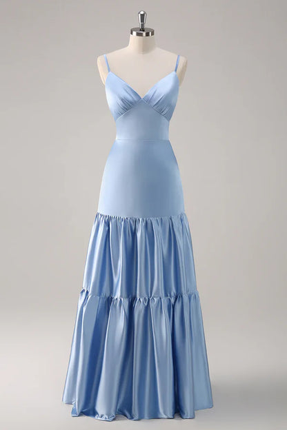 Elegant A Line V-neck Spaghetti Straps Satin Prom Dress DP763