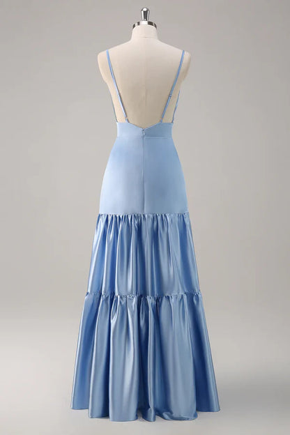 Elegant A Line V-neck Spaghetti Straps Satin Prom Dress DP763