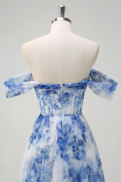 Blue Flower A Line Off the Shoulder Chiffon Long Prom Dress with Slit DP1318
