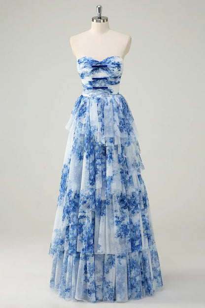 A-Line Sweetheart Neck White Blue Flower Tiered Chiffon Long Prom Dress DP1450