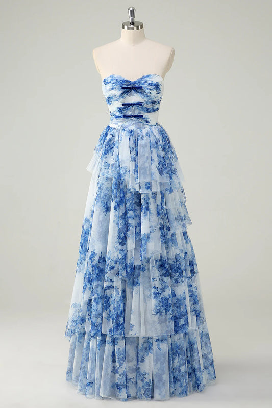 A-Line Sweetheart Neck White Blue Flower Tiered Chiffon Long Prom Dress DP1450