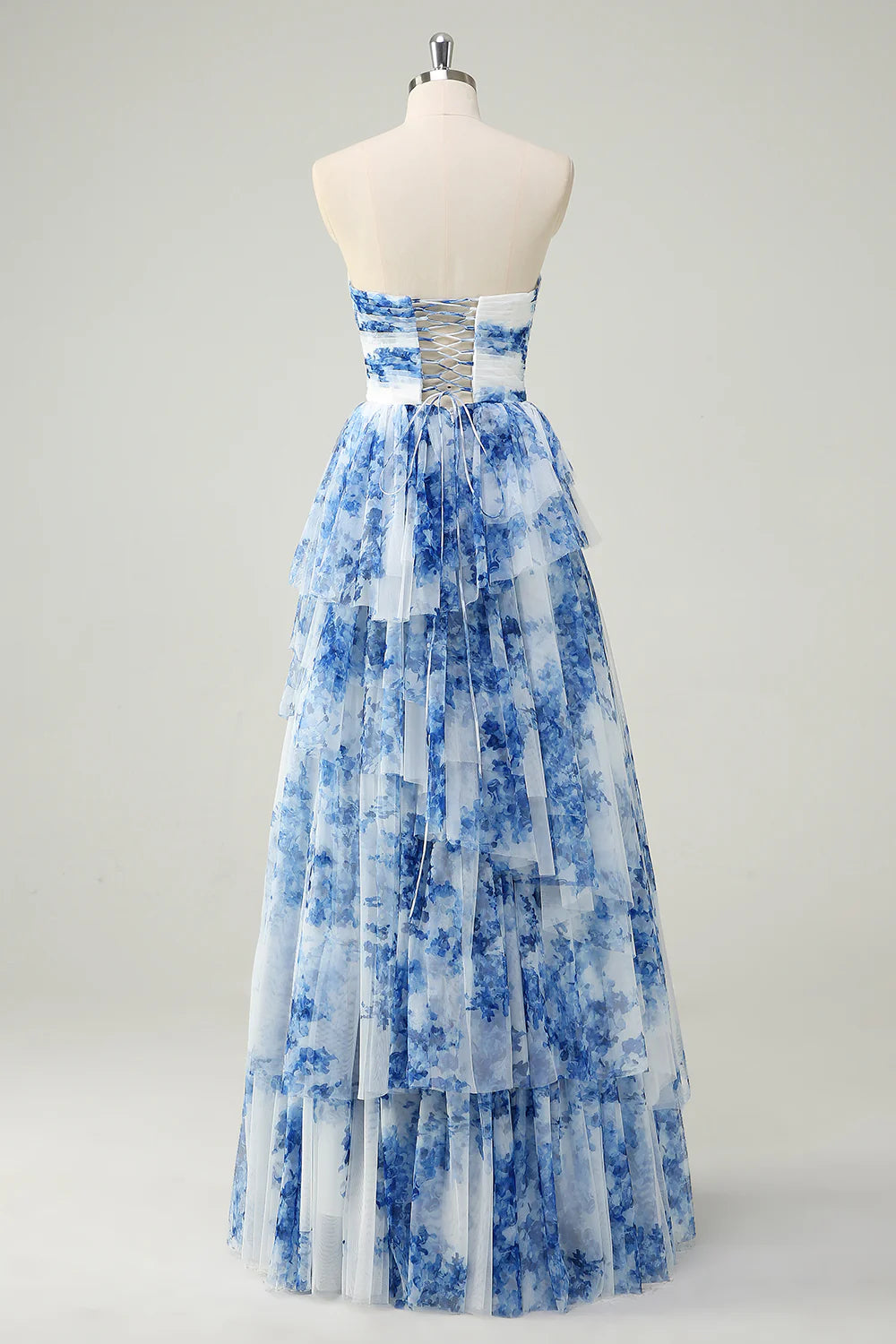 A-Line Sweetheart Neck White Blue Flower Tiered Chiffon Long Prom Dress DP1450
