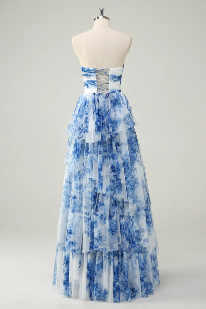 A-Line Sweetheart Neck White Blue Flower Tiered Chiffon Long Prom Dress DP1450