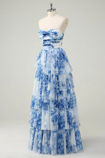 A-Line Sweetheart Neck White Blue Flower Tiered Chiffon Long Prom Dress DP1450