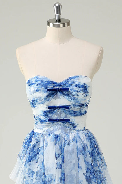 A-Line Sweetheart Neck White Blue Flower Tiered Chiffon Long Prom Dress DP1450