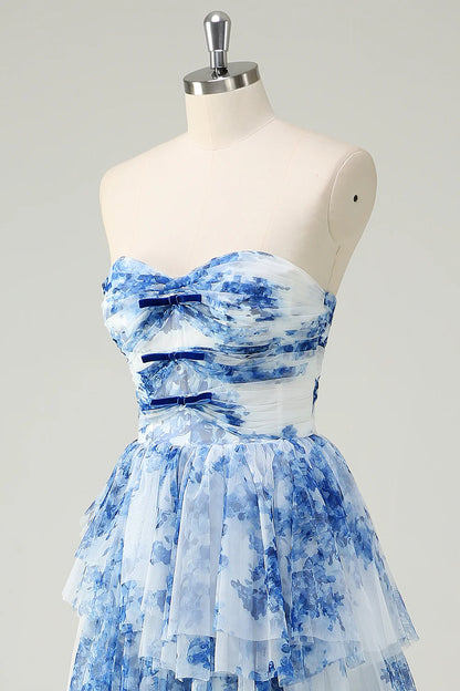A-Line Sweetheart Neck White Blue Flower Tiered Chiffon Long Prom Dress DP1450