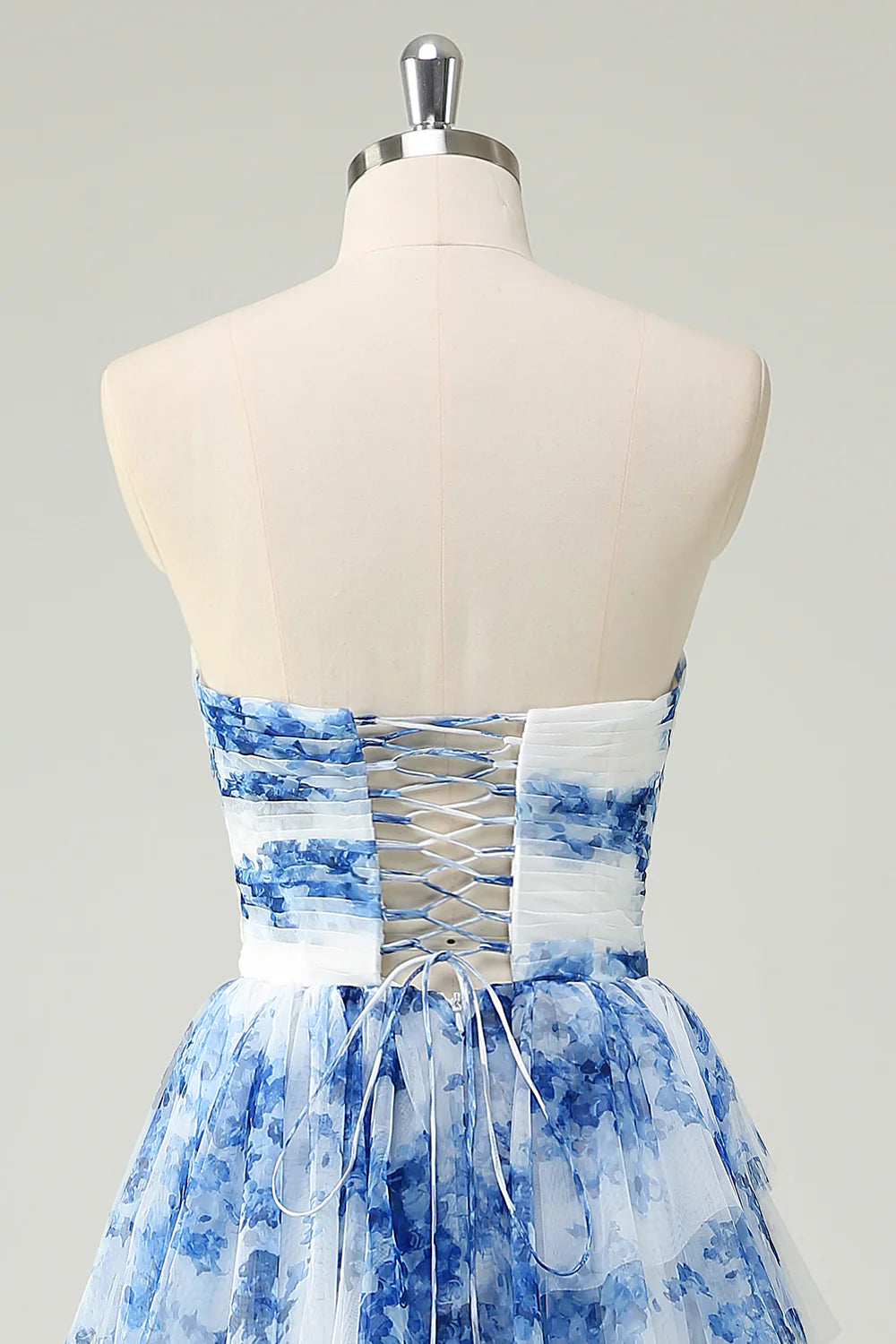 A-Line Sweetheart Neck White Blue Flower Tiered Chiffon Long Prom Dress DP1450