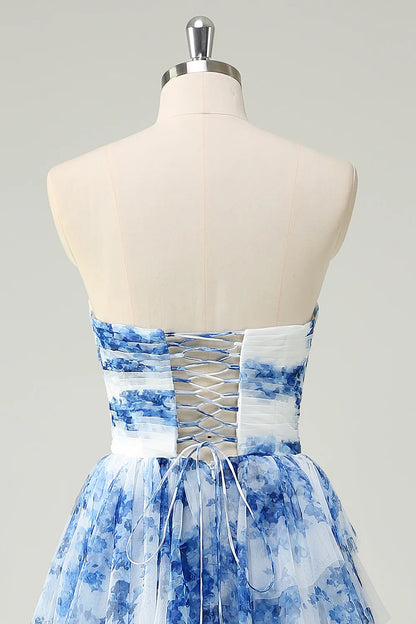 A-Line Sweetheart Neck White Blue Flower Tiered Chiffon Long Prom Dress DP1450