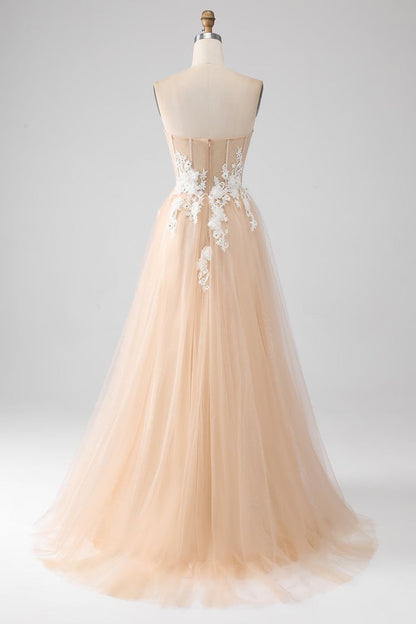 A Line Champagne Strapless Corset Tulle Prom Dress with Appliques DP1396