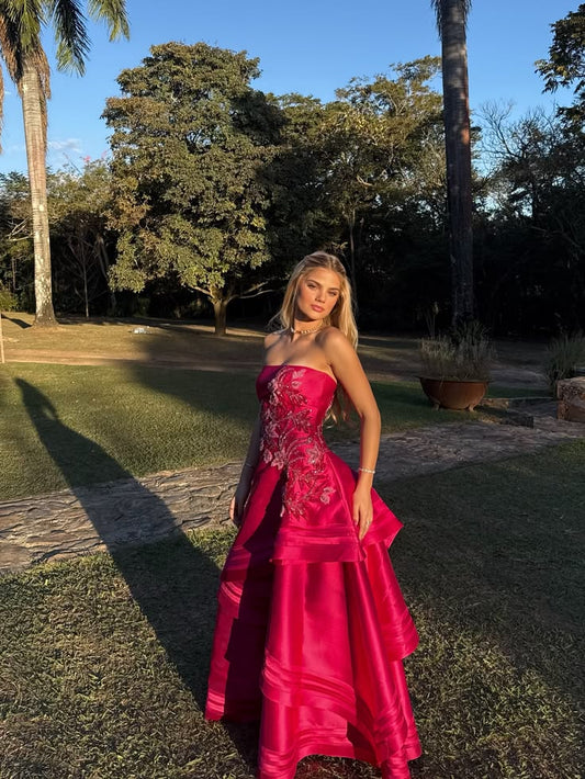Hot Pink A Line Strapless Beaded Layered Satin Prom Dress Evening Dress DP8051