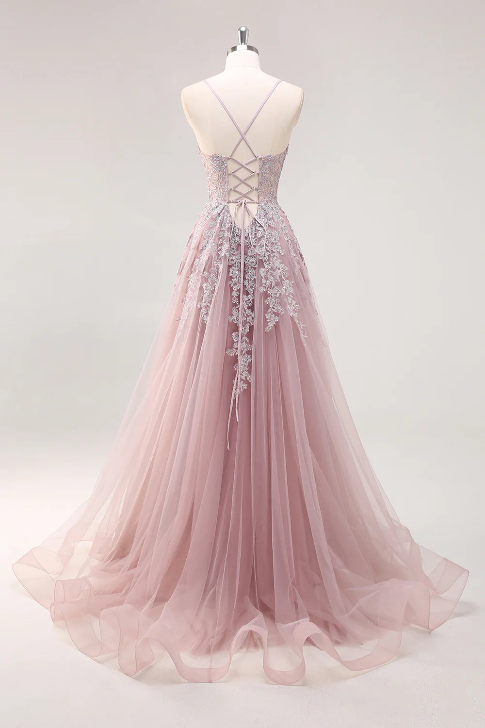 Pink A Line Spaghetti Straps Appliques Beaded Tulle Long Prom Dress Graduation Prom with Slit DP2243