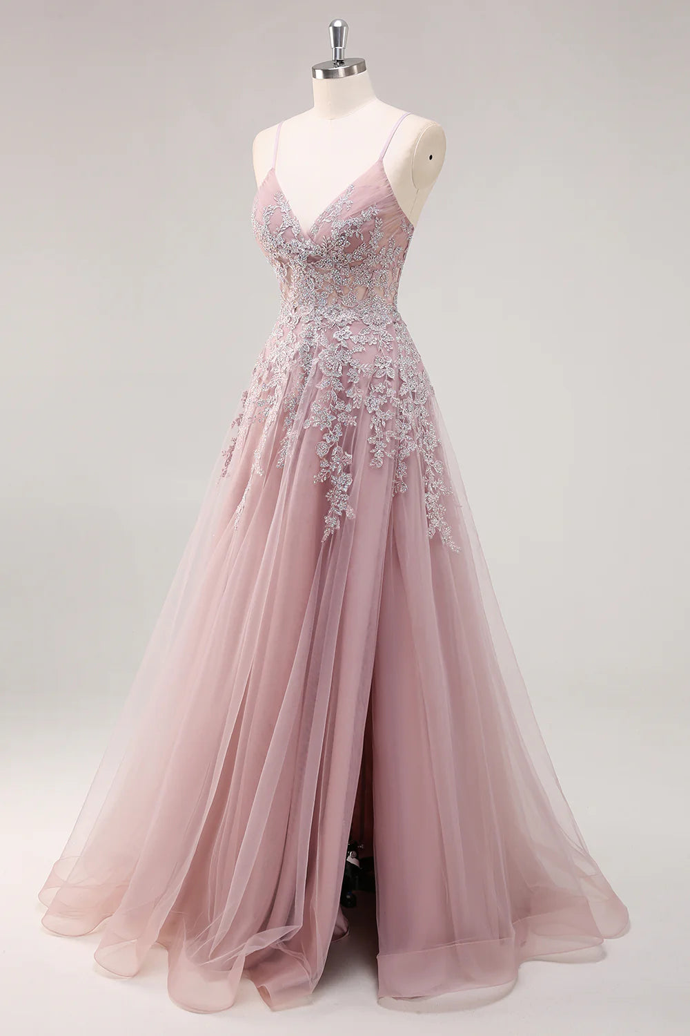 Pink A Line Spaghetti Straps Appliques Beaded Tulle Long Prom Dress Graduation Prom with Slit DP2243