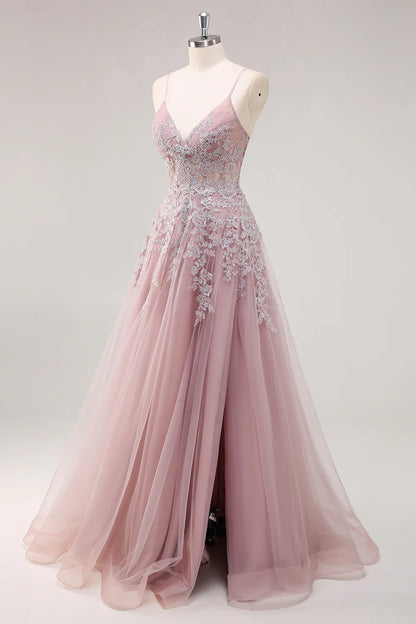 Pink A Line Spaghetti Straps Appliques Beaded Tulle Long Prom Dress Graduation Prom with Slit DP2243