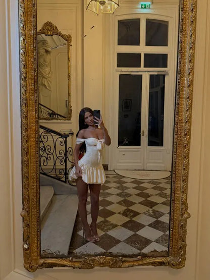 Cute Ivory A Line Off the Shoulder Satin Short Prom Dress Homecoming Dress DP6151