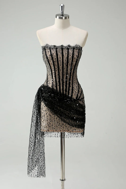 Sexy Sheath Strapless Corset Black Lace Short Birthday Dress Evening Dress DP1453