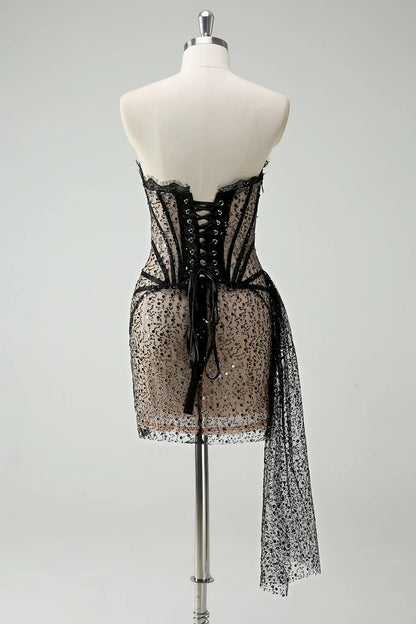 Sexy Sheath Strapless Corset Black Lace Short Birthday Dress Evening Dress DP1453