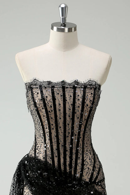 Sexy Sheath Strapless Corset Black Lace Short Birthday Dress Evening Dress DP1453