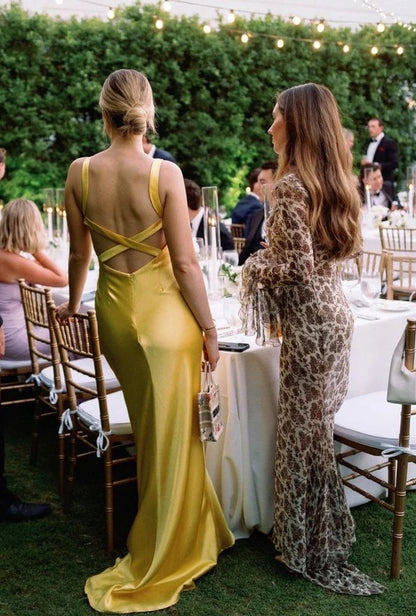 Sexy Yellow Mermaid Straps Simple Satin Open Back Long Prom Dress DP4413