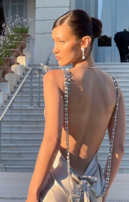 Silver A Line V Neck Beaded Satin Open Back Long Prom Dress DP4412