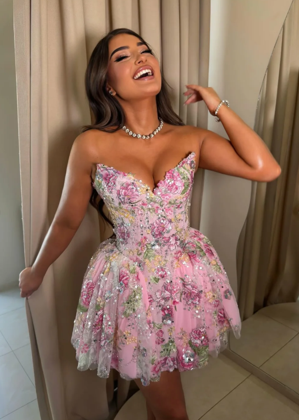 Sweety Pink A Line Strapless Floral Sequin Tulle Short Prom Dress Homecoming Dress DP6950