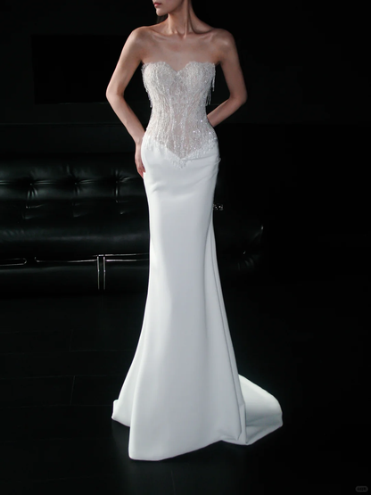 Shiny Mermaid Sweetheart Neck Beaded White Lace Satin Long Wedding Dress DP5210
