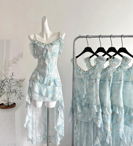 Blue A Line Spaghetti Strap Beaded Layered Chiffon Vacation Dress Homecoming Dress Outfits DP3547