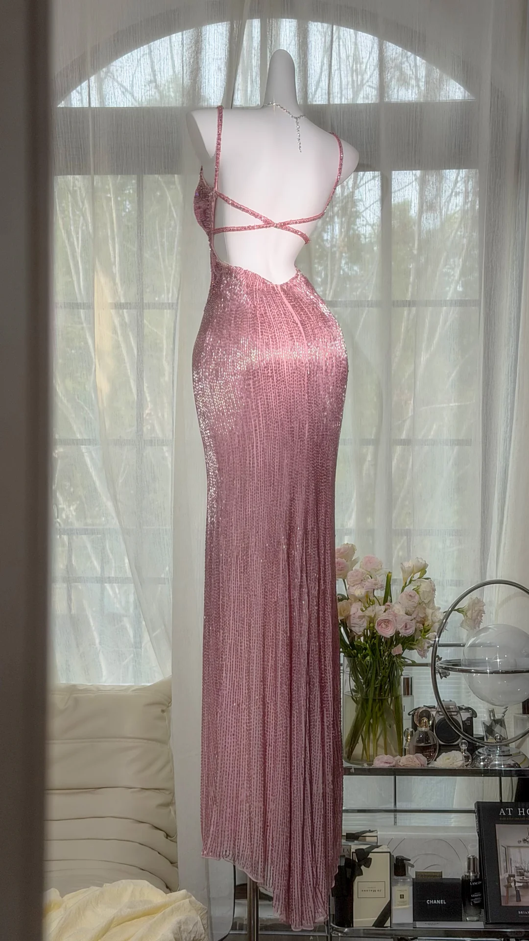 Stunning Pink Butterfly Sheath Beaded Long Prom Dress Graduation Prom Dress with Slit DP4944