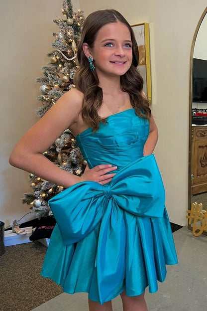 Blue Strapless Satin A-line Homecoming Dress with Bow DP7270