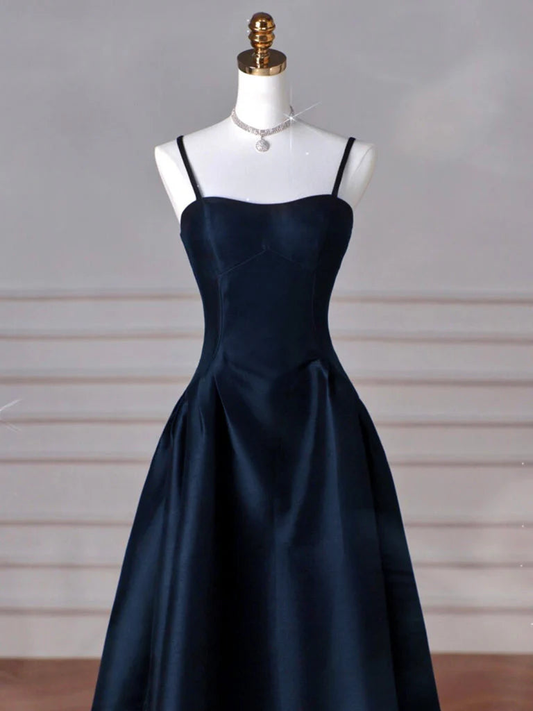 Simple A-Line Dark Blue Satin Long Prom Dress, Dark Blue Long Formal Dress DP3365
