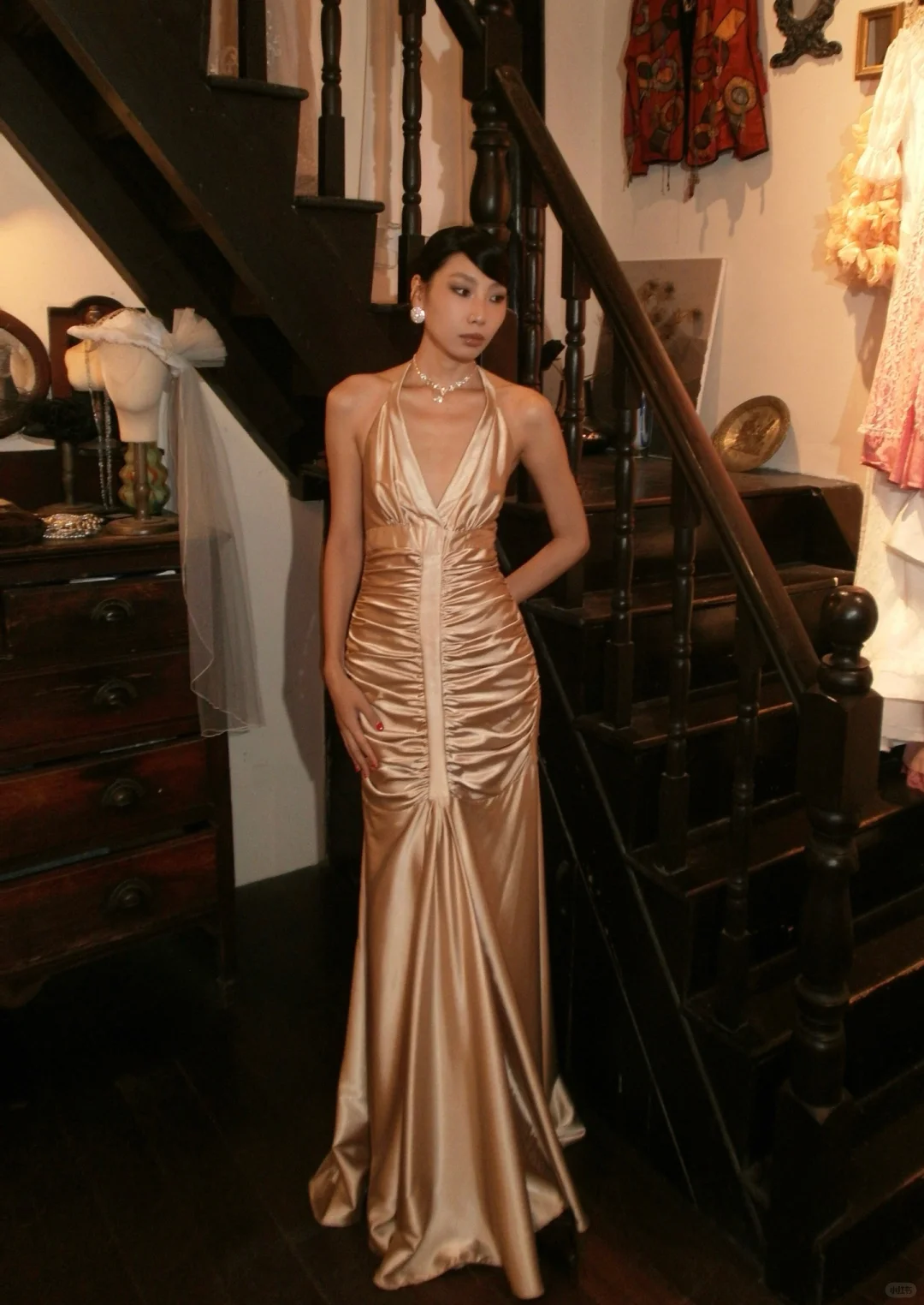 Vintage Champagne Gold Mermaid Halter Pleated Satin Prom Dress Evening Dress DP5144