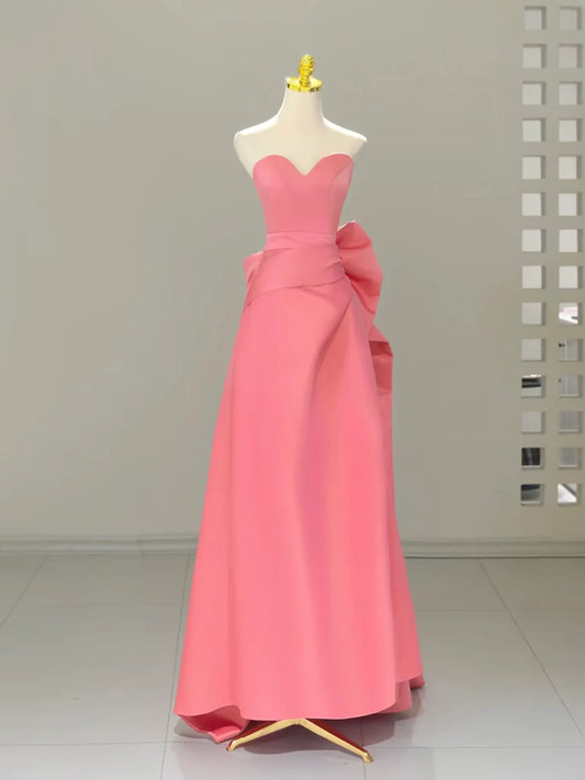 A Line Sweetheart Neck Pink Bow Satin Long Prom Dress Formal Dress DP1179