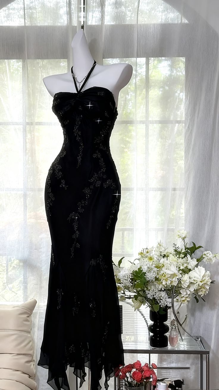 Vintage Mermaid Halter Beads Ruffles Chiffon Prom Dress Evening Dress DP1438