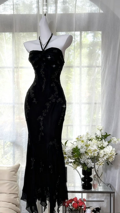 Vintage Mermaid Halter Beads Ruffles Chiffon Prom Dress Evening Dress DP1438