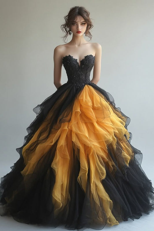 Stunning A Line Sweetheart Neck Appliques Black Yellow Chiffon Party Dress Evening Dress DP2319