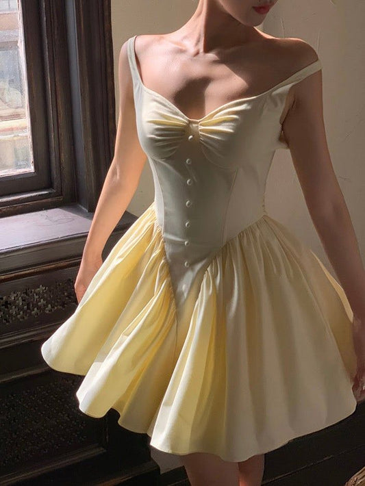 Light Yellow A Line Strap Satin Open Back Mini Homecoming Dress Birthday Dress DP2619
