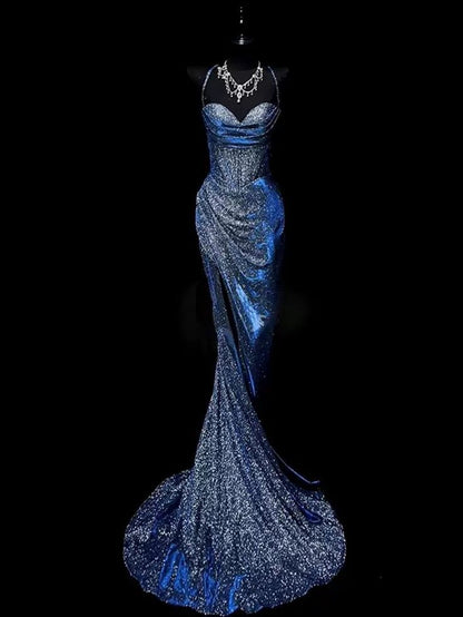 Classy Mermaid Spaghetti Straps Navy Blue Sequin Long Evening Gowns Prom Dress DP3310