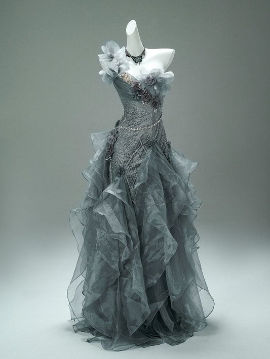 Princess Grey Ball Gown 3D Floral Beaded Ruffle Organza Prom Dress 16th Birthday Dress DP5391