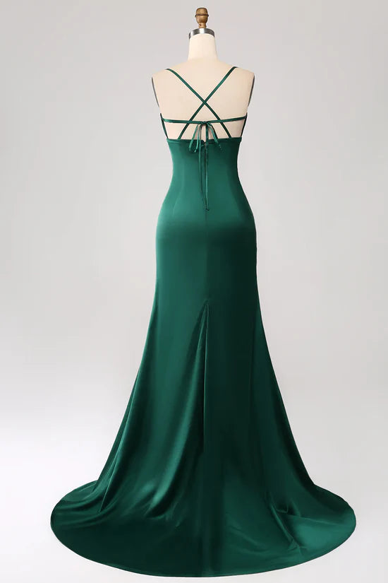 Vintage Mermaid Spaghetti Straps Satin Prom Dress With Split DP780