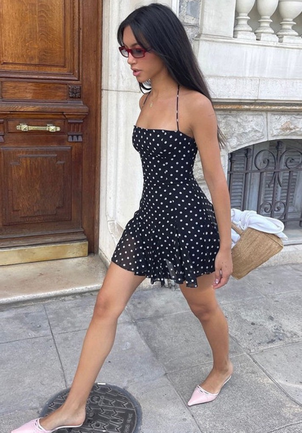 Cute Polka Dot A Line Halter Chiffon Backless Short Outfits Vacation Dress DP4883