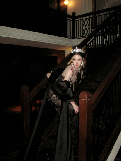 Black Sexy Mermaid Sweetheart Neck Beaded Tulle Prom Dress 16th Birthday Dress DP4248