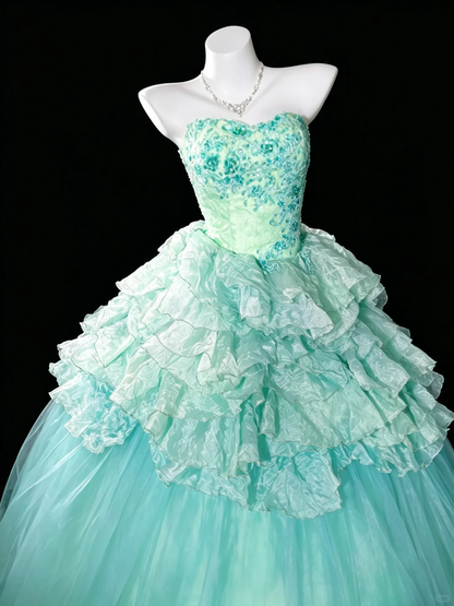 Dreamy Green A Line Strapless Embroidery Layered Lace Tulle Prom Dress Party Evening Dress DP5347