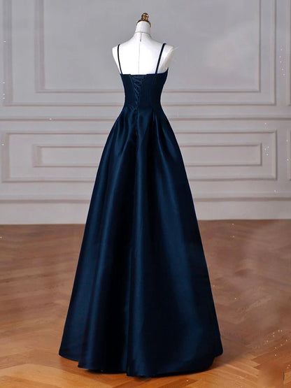 Simple A-Line Dark Blue Satin Long Prom Dress, Dark Blue Long Formal Dress DP3365