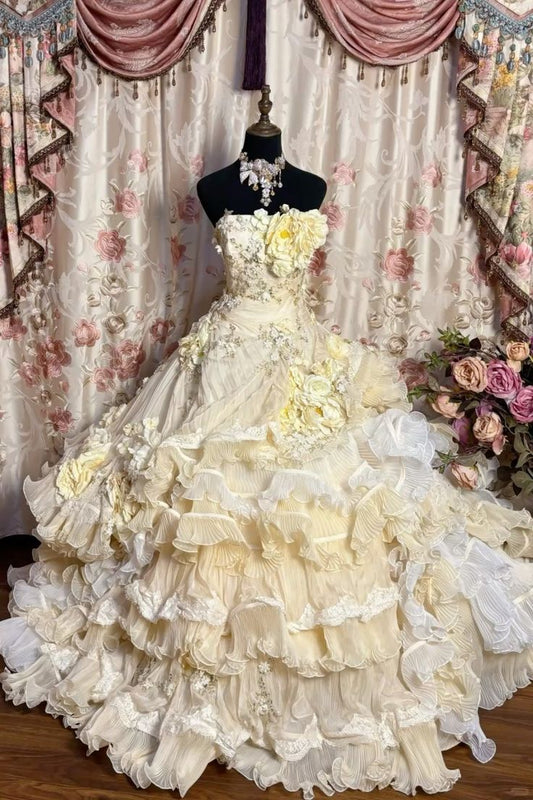 Vintage Yellow Ball Gown Strapless Floral Layered Tulle Prom Dress 16th Birthday Dress DP4058