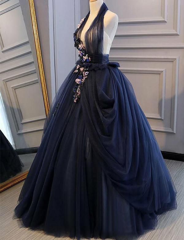 Navy Blue A Line Halter Appliques Backless Long Prom Dresses Evening Dresses DP820