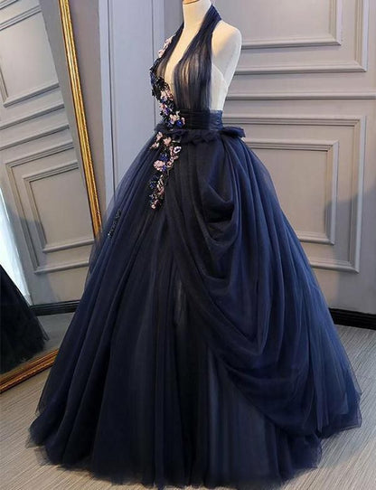 Navy Blue A Line Halter Appliques Backless Long Prom Dresses Evening Dresses DP820