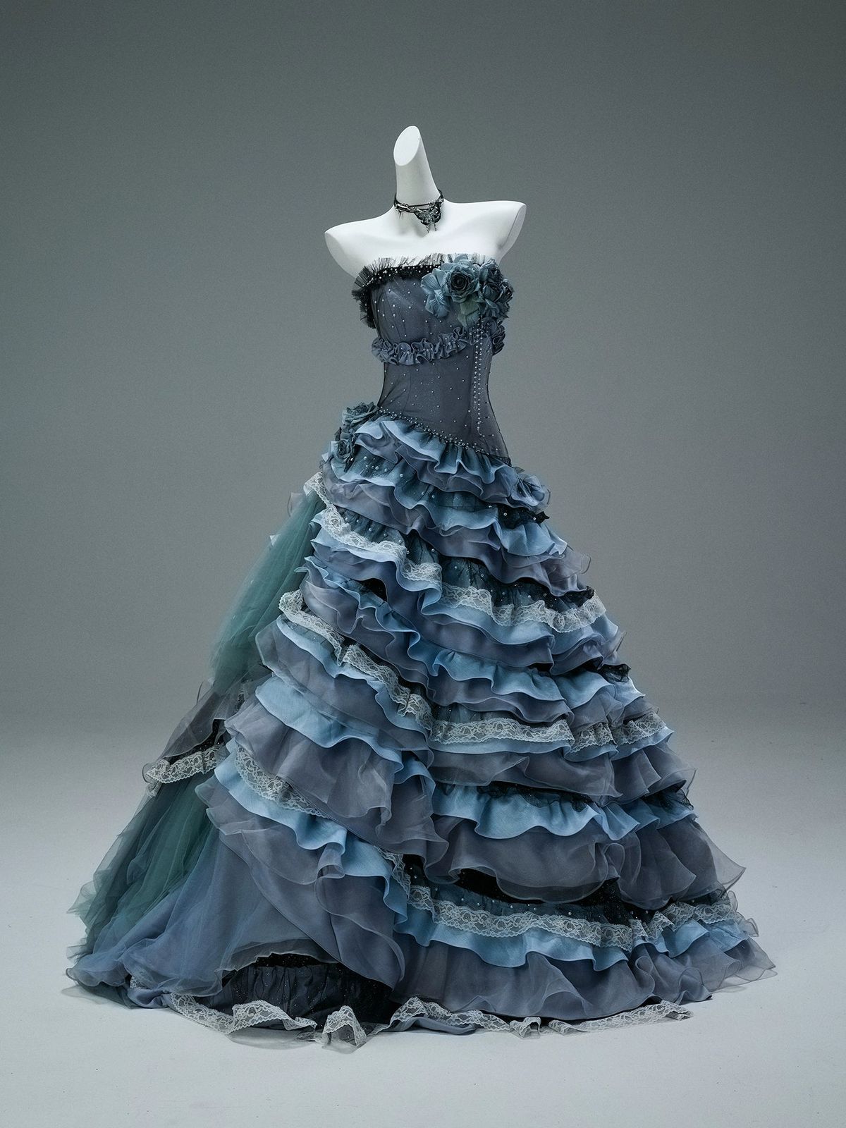 Princess Dark Blue Ball Gown Strapless Beaded Layered Organza Prom Dress 16th Birthday Dress DP5390