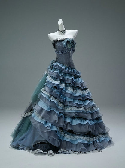 Princess Dark Blue Ball Gown Strapless Beaded Layered Organza Prom Dress 16th Birthday Dress DP5390