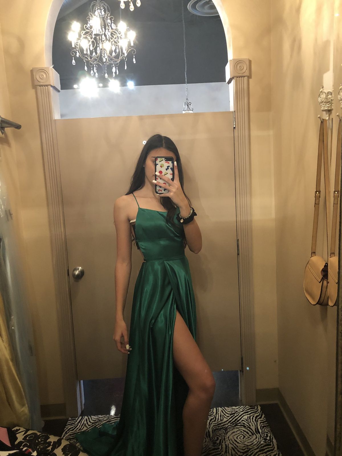 Green Line Spaghetti Straps Satin Prom Dress Formal Dress Party Dress with Slit DP3505