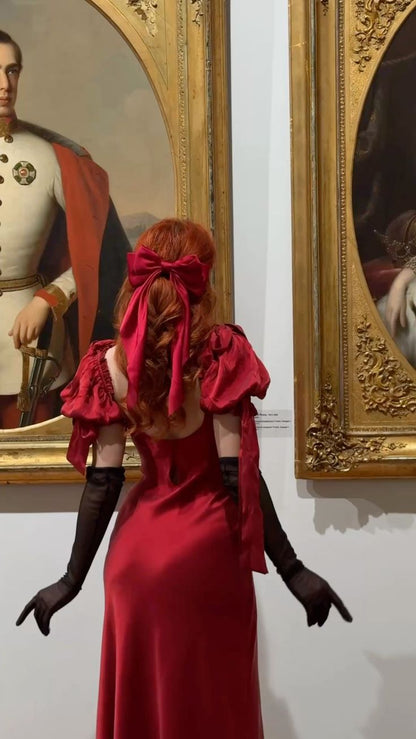 Burgundy A Line Puff V Neck Satin Long Prom Dress Date Dress DP4426