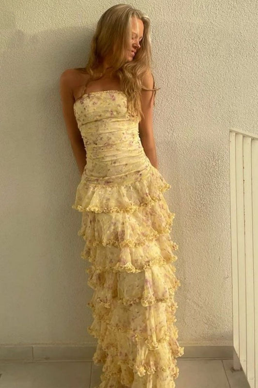 Yellow Sheath Strapless Layered Print Floral Chiffon Prom Dress Vacation Dress DP4040